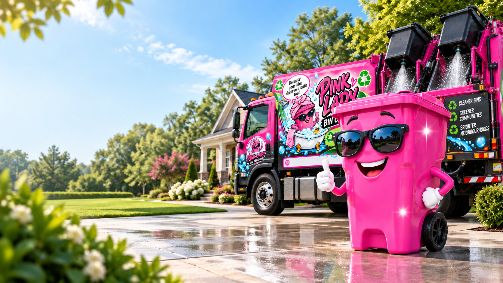 A sparkling pink trash bin beside the Pink Lady dual-hopper cleaning truck